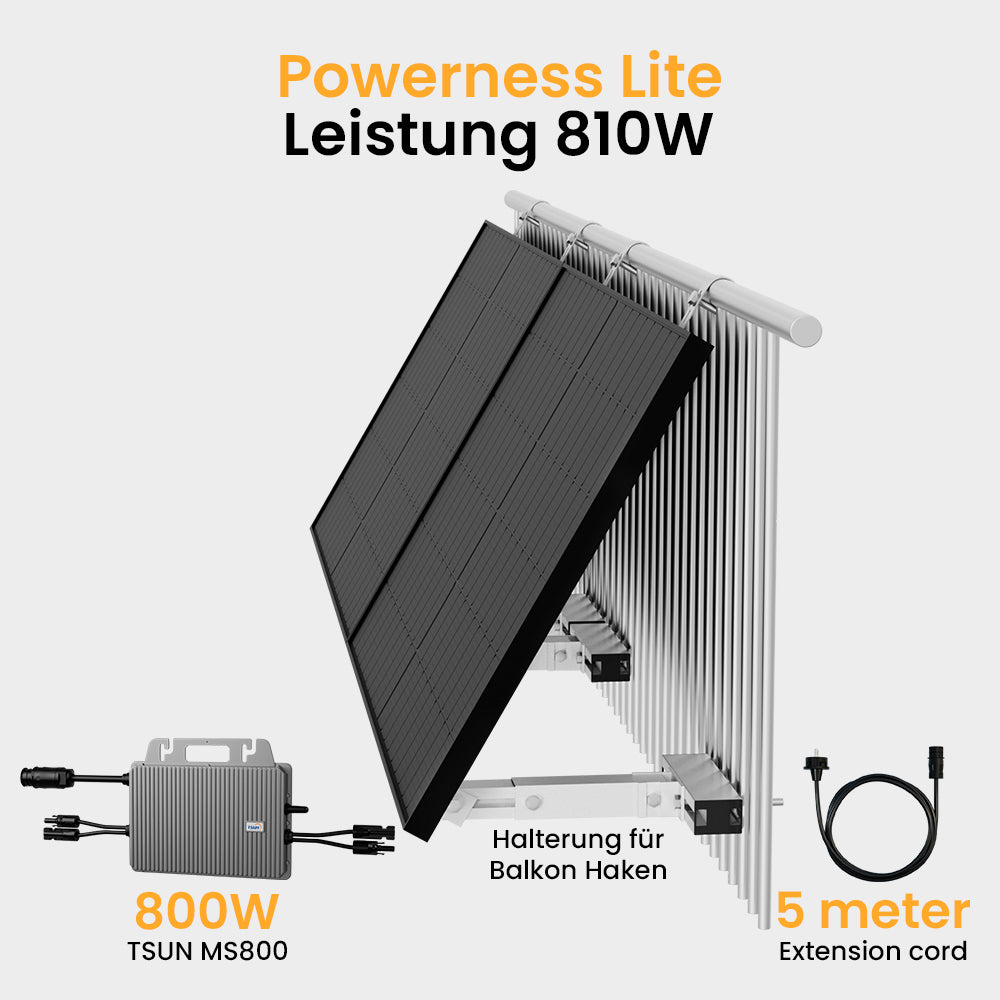 Powerness Balkonkraftwerk Set mit Halterung für Flachdach, 810/880Wp Solaranlage, Full Black Solarpaneel, TSUN 800W Wechselrichter