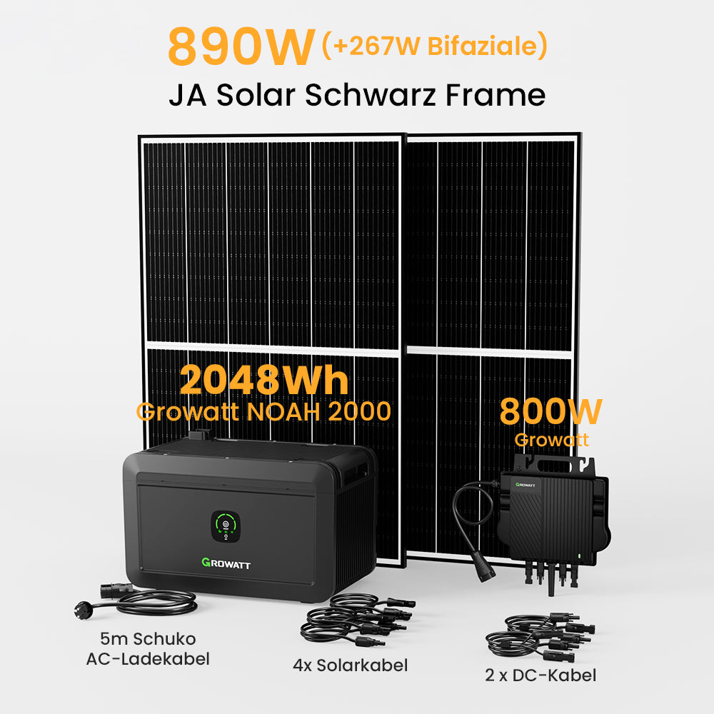 Growatt NOAH 2000 Balkonkraftwerk mit Speicher, 2048/4096/6144/8192Wh, 880/890/1760/1780W Bifaziale Solarmodule