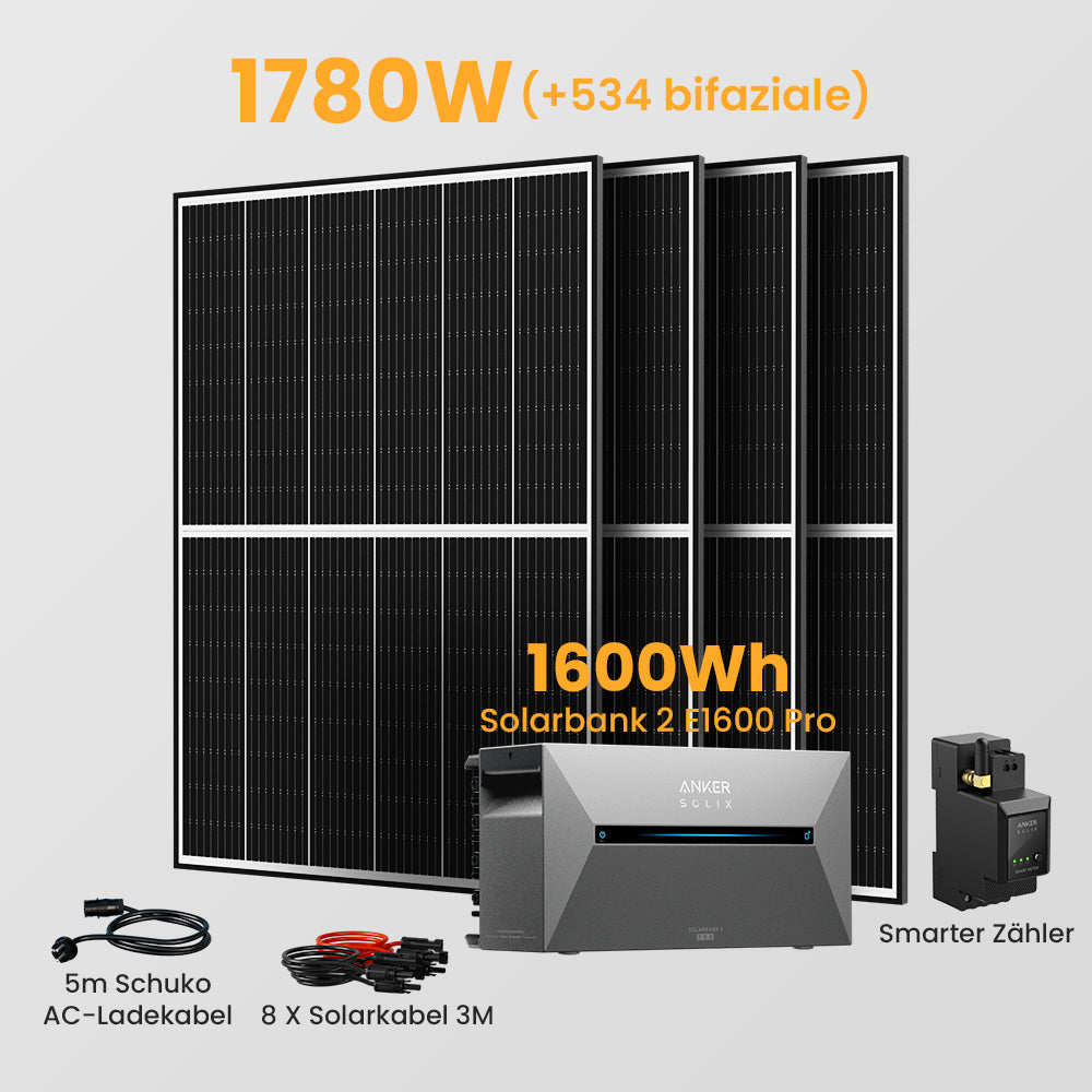 Anker Solix Solarbank 2 E1600 Pro 1600Wh Balkonkraftwerk Set, 880/890/1760/1780W Bifaziale Solarmodule, mit Smarter Zähler