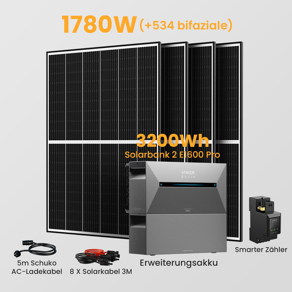 Anker Solix Solarbank 2 E1600 Pro 3200Wh Balkonkraftwerk Set, mit Smarter Zähler
