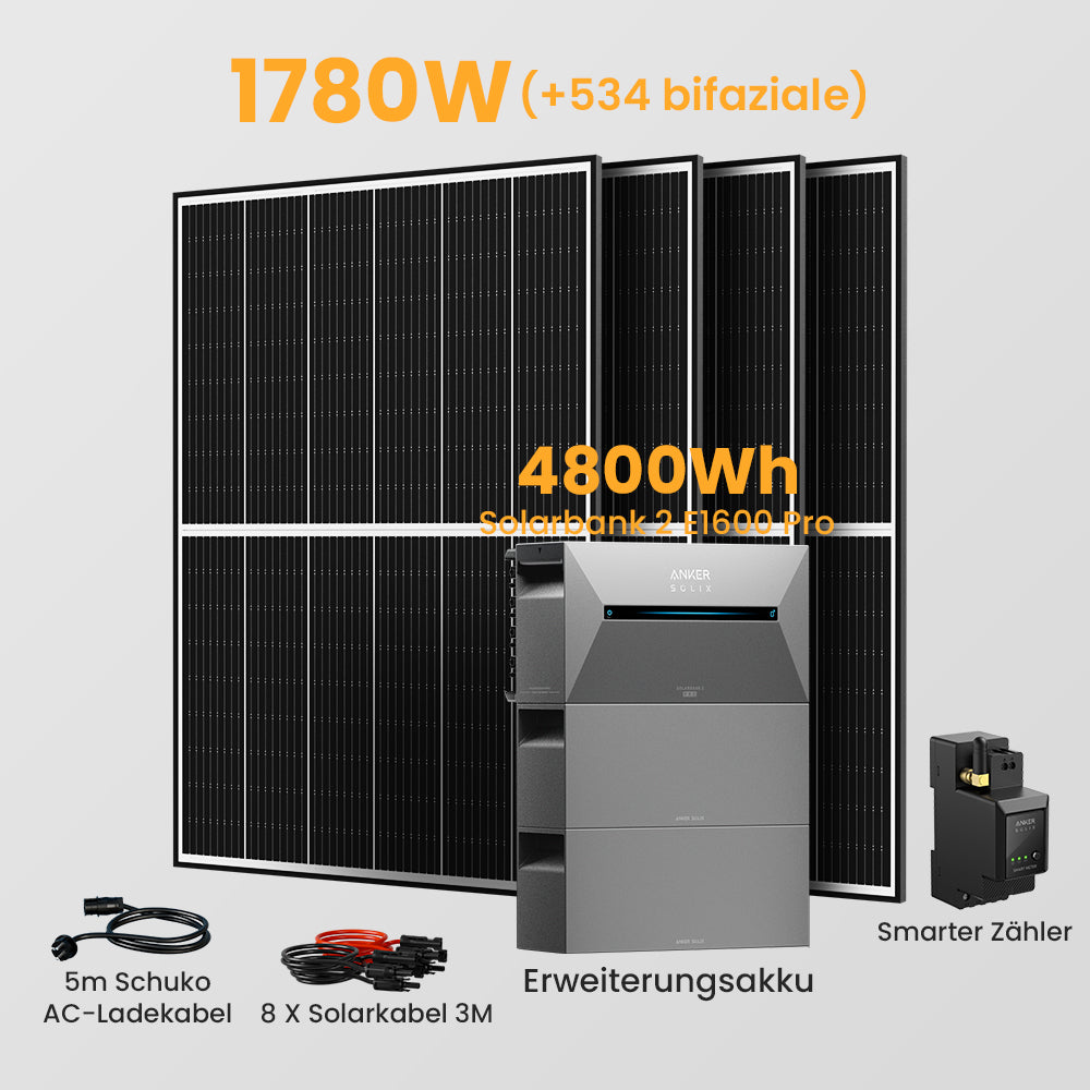 Anker Solix Solarbank 2 E1600 Pro 4800/6400Wh Balkonkraftwerk Set, 1620/1760W Solarmodule, mit Smarter Zähler