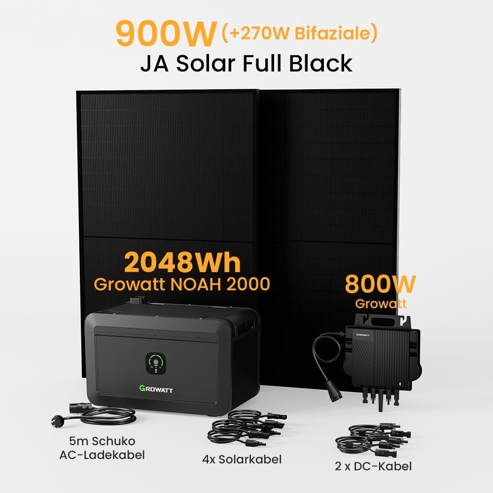 Growatt NOAH 2000 Balkonkraftwerk mit Speicher, 2048/4096/6144/8192Wh, 890/1000/1780/2000W Bifaziale Solarmodule