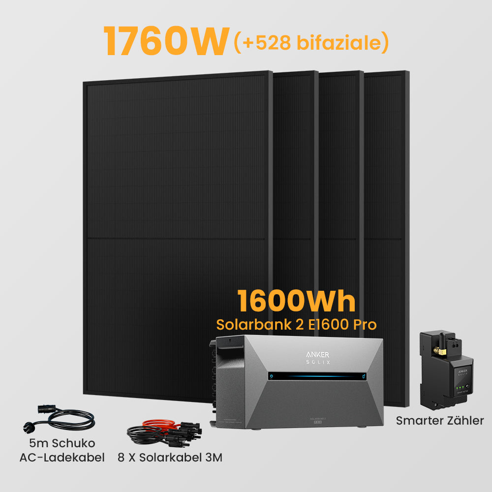 Anker Solix Solarbank 2 E1600 Pro 1600Wh Balkonkraftwerk Set, 880/890/1760/1780W Bifaziale Solarmodule, mit Smarter Zähler