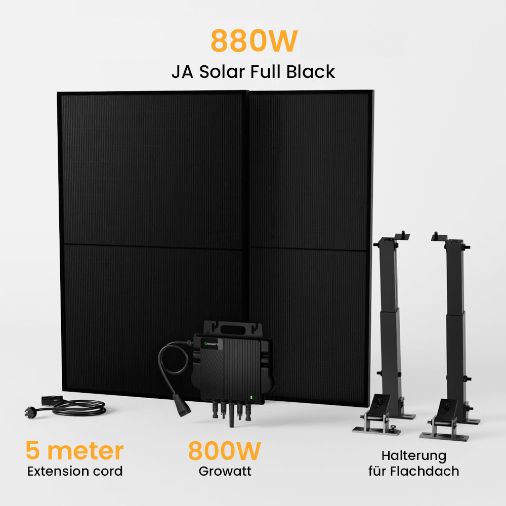 Système solaire bifacial Power Central de balcon Powerness avec support de montage, panneau solaire entièrement noir, onduleur Growatt 800 W